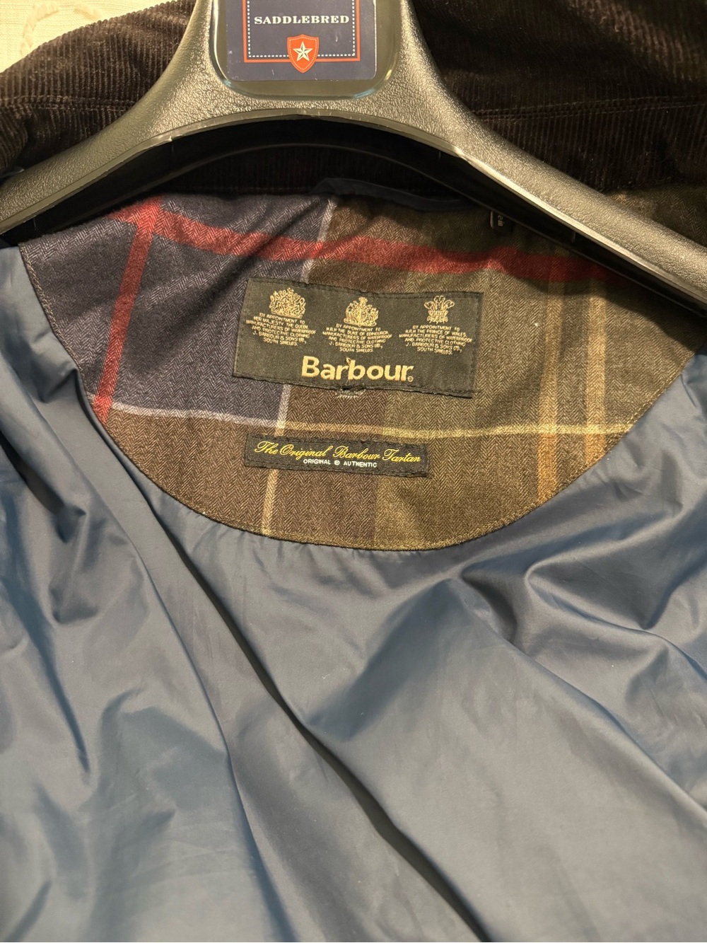 SOLD-Barbour Quilted Puffer Coat in Navy, Corduroy Trim Collar, Detachable Hood - Picture 7 of 7